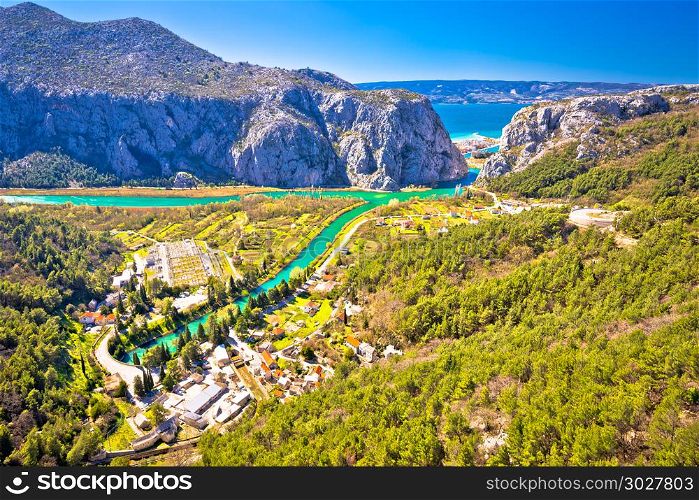 Cetina river canyon and mouth in Omis view from above, Dalmatia region of Croatia. Cetina river canyon and mouth in Omis view from above