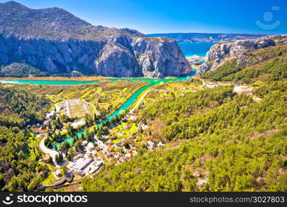 Cetina river canyon and mouth in Omis view from above, Dalmatia region of Croatia. Cetina river canyon and mouth in Omis view from above