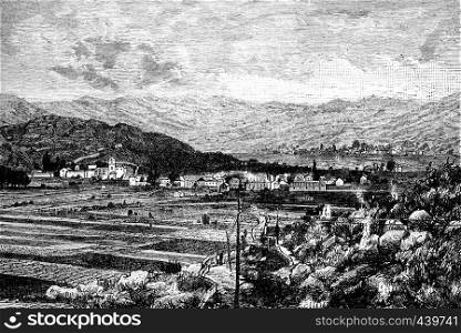 Cetinje, capital of Montenegro, vintage engraved illustration. Journal des Voyages, Travel Journal, (1880-81).
