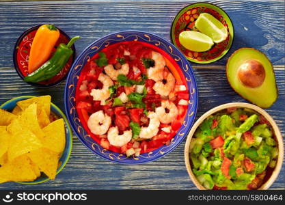 Ceviche de Camaron shrimp with nachos and guacamole mexican food