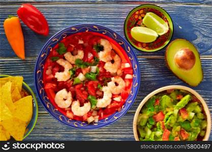 Ceviche de Camaron shrimp with nachos and guacamole mexican food