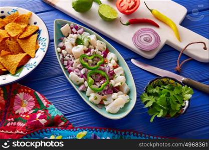 Ceviche Mexican food style recipe with nachos and ingredients