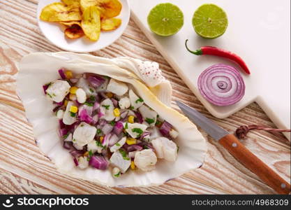 Ceviche peruvian recipe with fried banana and ingredients on wooden table