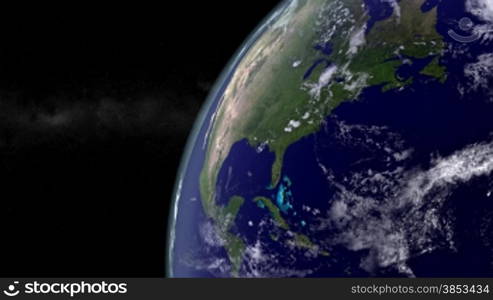 CG animation of the east coast of North America in very high detail with atmospheric layer - Computeranimation von der Ostkueste Nordamerikas in hoher Aufloesung inklusive Atmosphaere.