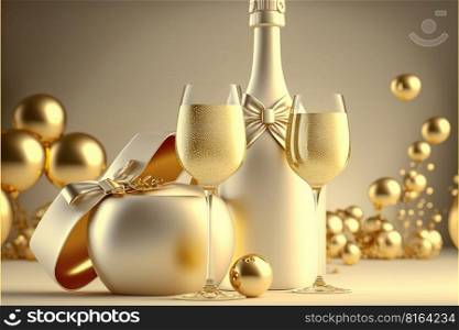 Ch&agne glasses with gold background , New years eve celebration background, Generative Ai