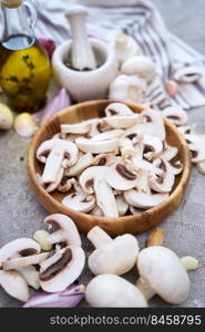 ch&ignon mushrooms in wooden bowl at domestic kitchen.. ch&ignon mushrooms in wooden bowl at domestic kitchen