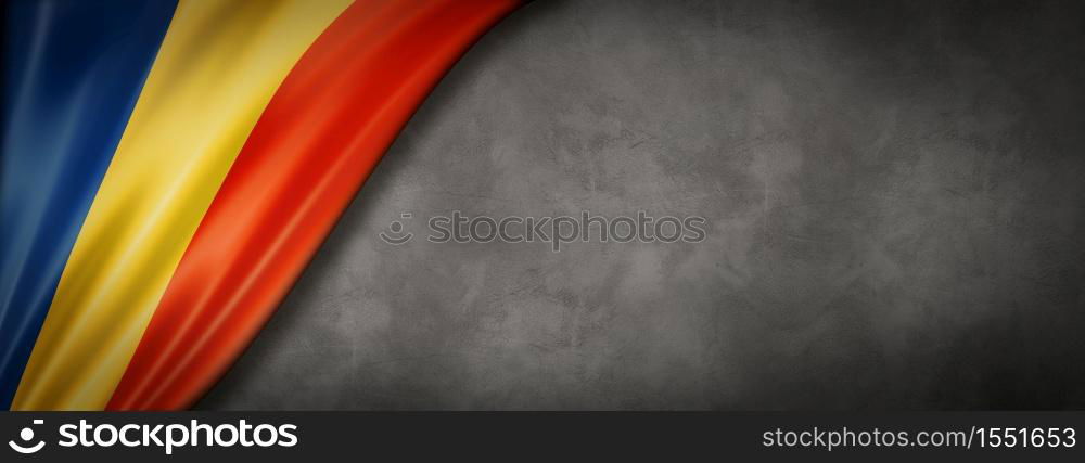 Chad flag on concrete wall. Horizontal panoramic banner. 3D illustration. Chad flag on concrete wall banner