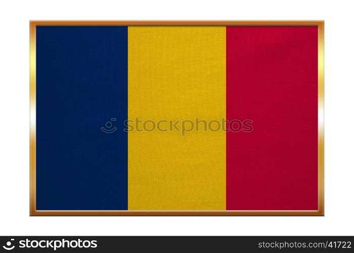 Chadian national official flag. African patriotic symbol, banner, element, background. Correct colors. Flag of Chad , golden frame, fabric texture, illustration. Accurate size, color