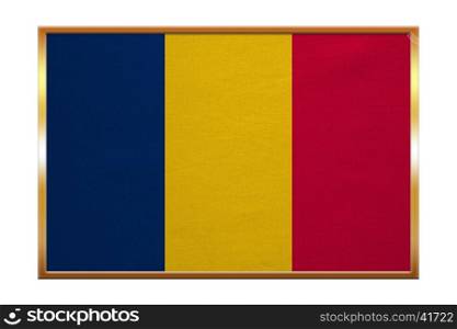 Chadian national official flag. African patriotic symbol, banner, element, background. Correct colors. Flag of Chad , golden frame, fabric texture, illustration. Accurate size, color