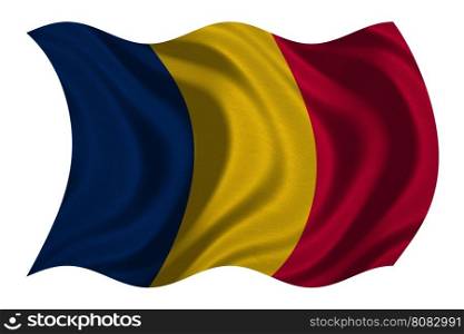 Chadian national official flag. African patriotic symbol, banner, element, background. Correct colors. Flag of Chad with real detailed fabric texture wavy isolated on white, 3D illustration