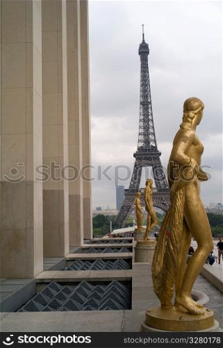 Chaillot Palace Gilded Statues and Eiffel Tower in Paris France