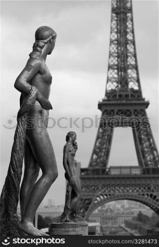 Chaillot Palace Statues and Eiffel Tower in Paris France