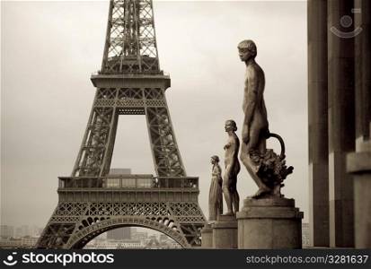 Chaillot Palace Statues and Eiffel Tower in Paris France
