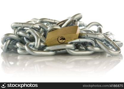 chain and padlock with reflection on white background