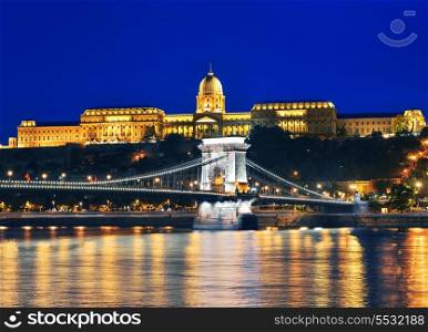 Chain Bridge and Buda Castle (Royal Palace) at night. Budapest, Hungary.