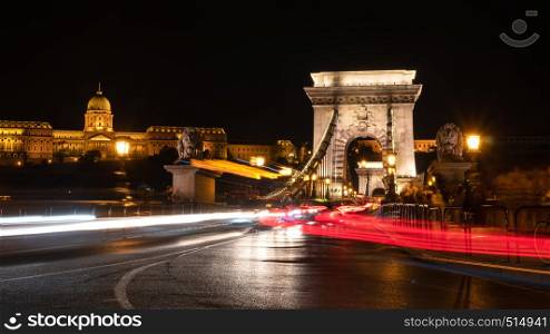 Chain bridge and Budai palace in Budapest at night
