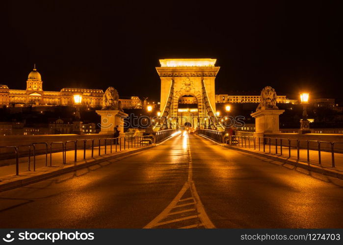 Chain Bridge and car traffic light at night, Budapest, Hungary