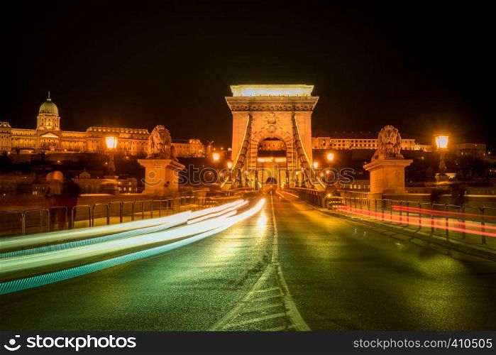 Chain Bridge and car traffic light at night, Budapest, Hungary