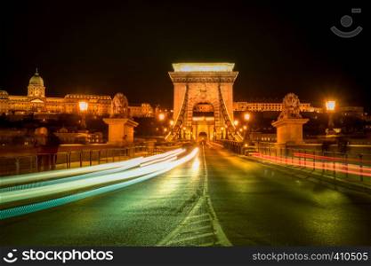Chain Bridge and car traffic light at night, Budapest, Hungary