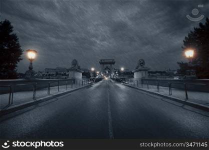 Chain bridge at rainy night. Budapest, Hungary