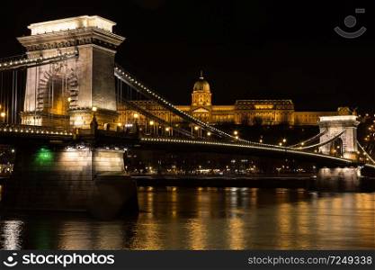 Chain Bridge with Buda Castle Hungary Budapest at night.. Chain Bridge with Buda Castle Hungary Budapest at night