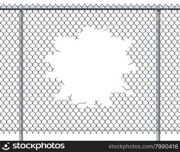 Chain link fence hole with blank copy space isolated on a white background burst with ripped chainlink metal wire that has been punctured or punched open as a breakthrough blowout freedom and escape symbol.
