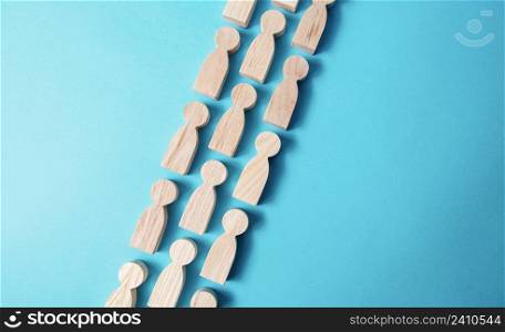 Chain people figures . Queue line. The movement of people in one direction. Human resources. Discipline. Social organization, joining consolidated forces. Team building. Common cause. Cooperation.