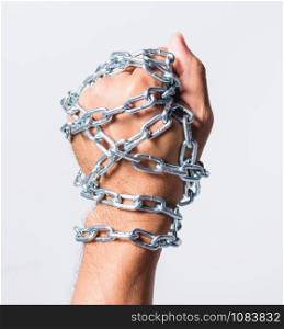 Chained fist hands on white background, Human rights day concept