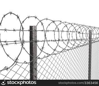 Chainlink fence with barbed wire on top closeup isolated on white background