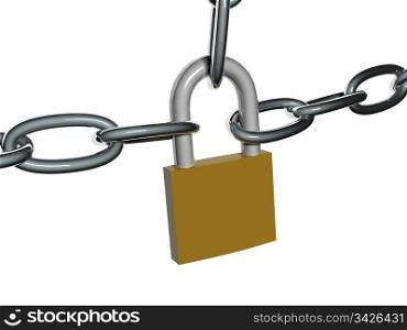 Chains with lock isolated on white background. Security concept. High quality 3D render.