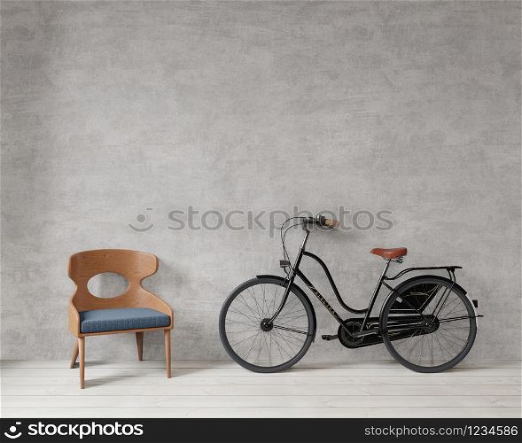 chair and bicycle with raw concrete wall ,wooden floor ,copy space ,mock up , 3d rendering