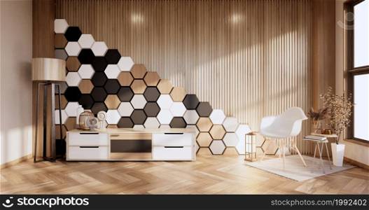 chair and cabinet with hexagon tiles wooden, white ,black on wall Modern room minimalist.3D rendering