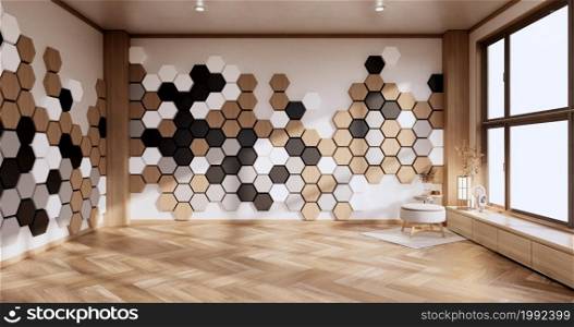 Chair and decoration plants,hexagon tiles wooden, white ,black on wall Modern room minimalist.3D rendering