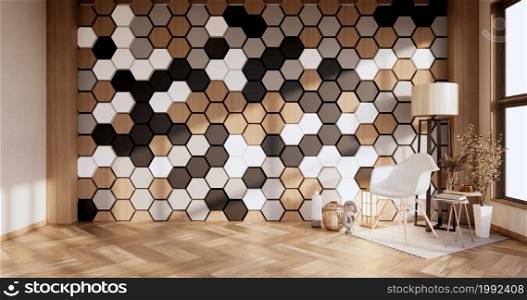 Chair and decoration plants,hexagon tiles wooden, white ,black on wall Modern room minimalist.3D rendering