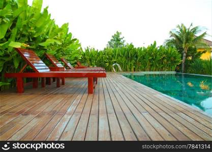 chair and swimming pool surrounded by tropical plants