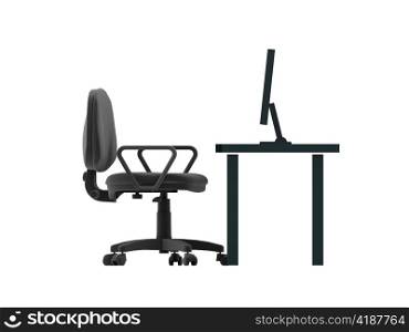 Chair and table with desktop. 3D rendered Illustration. Isolated on white