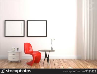 Chair and vase on table in wooden floor on white wall background. 3D rendering