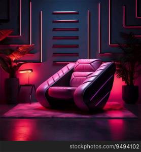 Chair in Synthwave Upholstery with Neon Futuristic Background. Generative ai. High quality illustration. Chair in Synthwave Upholstery with Neon Futuristic Background. Generative ai