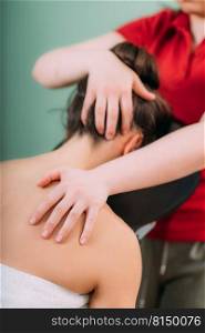 Chair Massage. Therapist Massaging Woman’s Neck, stress and tension relief. Chair Massage