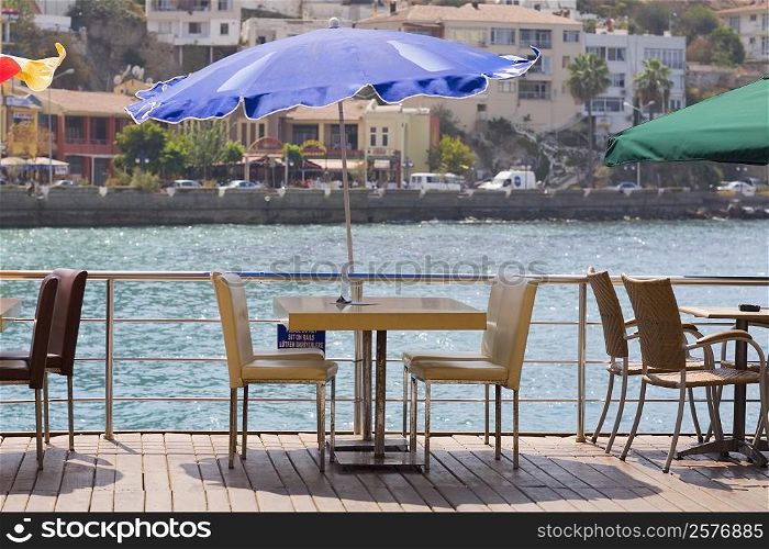 Chairs and tables in a restaurant at the seaside, Ephesus, Turkey