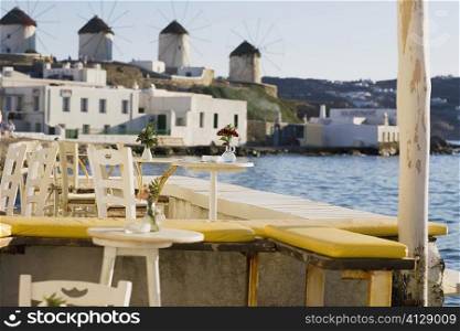 Chairs and tables in a restaurant, Mykonos, Cyclades Islands, Greece