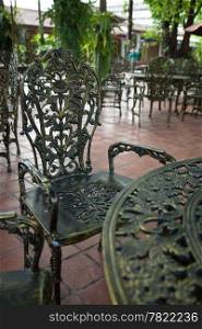 Chairs and tables. Seating area in the garden. Arrange for the sale of food.
