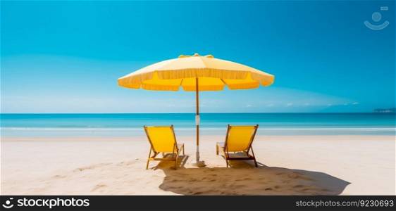 Chairs and Umbrella on Summer Beach Panorama Background. Generative ai. High quality illustration. Chairs and Umbrella on Summer Beach Panorama Background. Generative ai