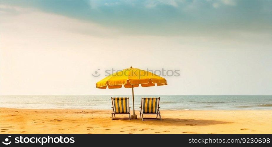Chairs and Umbrella on Summer Beach Panorama Background. Generative ai. High quality illustration. Chairs and Umbrella on Summer Beach Panorama Background. Generative ai