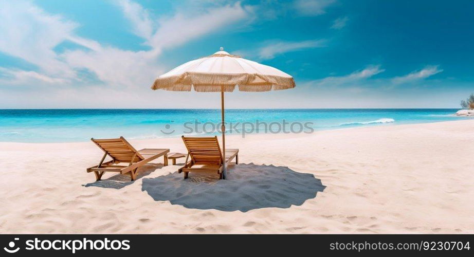 Chairs and Umbrella on Summer Beach Panorama Background. Generative ai. High quality illustration. Chairs and Umbrella on Summer Beach Panorama Background. Generative ai