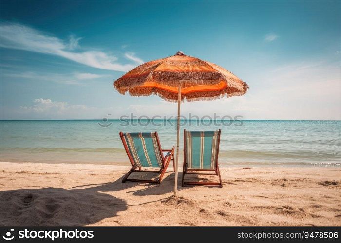 Chairs and umbrella on the beach on island vacation holiday, Beach summer relax in the sun. Generative AI