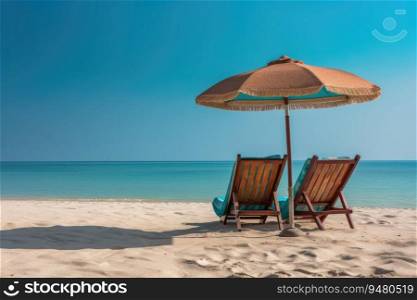 Chairs and umbrella on the beach on island vacation holiday, Beach summer relax in the sun. Generative AI