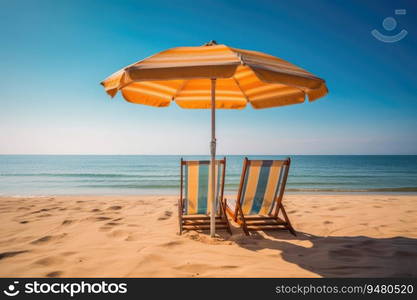 Chairs and umbrella on the beach on island vacation holiday, Beach summer relax in the sun. Generative AI