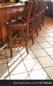 Chairs lined up at bar in nightclub or restaurant.