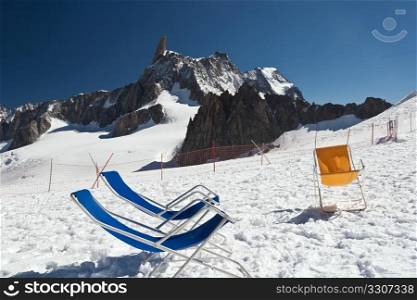 chairs on the Dent du Geant glacier, Mont Blanc massif
